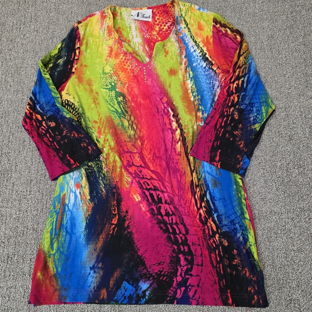 N Touch Abstract Animal Print Tunic Top Womens M Colorful‎ Artwear Stretch